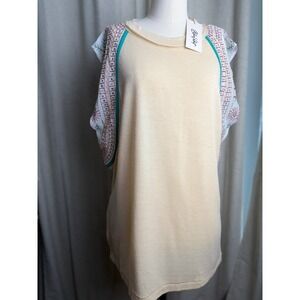 Blue Velvet Beige Embroidered Sequin Sleeve Boho Tunic Top Size L NWT